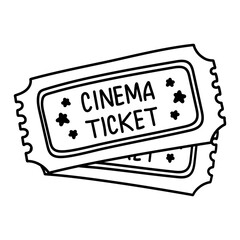 Two cinema tickets isolated on white background. Flat hand drawn cinema ticket. Sketch icon movie entrance ticket. Template admission pass mockup or performance coupon. Art graphic stroke design.