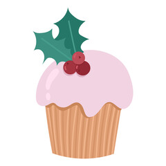 Christmas bakes cupcake with pink icing and berries.Vector hand drawn