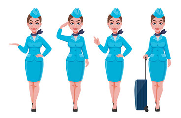 Stewardess in blue uniform, set of four poses