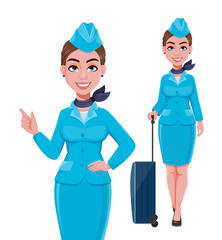 Stewardess in blue uniform, set of two poses