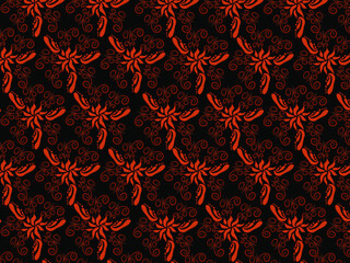 Floral antique print of red flowers and brown leaves on a black background. Interesting texture for fabric, paper and background for decoration.