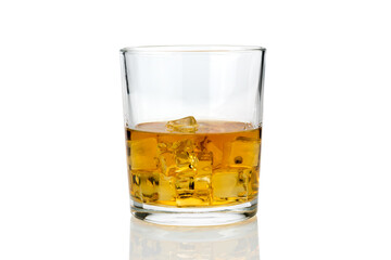 Glass of whiskey or whisky or american Kentucky bourbon with ice cubes with its reflection on the plan. isolated on white