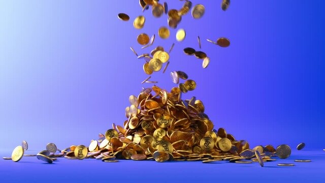 3d animation, golden coins with the bitcoin symbol fall down into a heap or pile, isolated on blue background