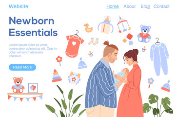 Baby background. Beautiful Caucasian happy family mother, father newborn infant together on white. Flat child care accessory landing page template. Cartoon smiling human Parenthood vector illustration