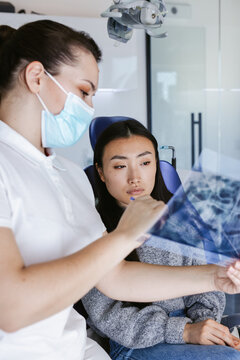 Orthodontist demonstrating and pointing on problem place in x ray image 