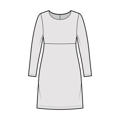 Dress empire line technical fashion illustration with long sleeves, oversized body, knee length A-line skirt. Flat apparel front, grey color style. Women, men unisex CAD mockup