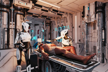 Man receiving medical assistance from robots in futuristic medical bay