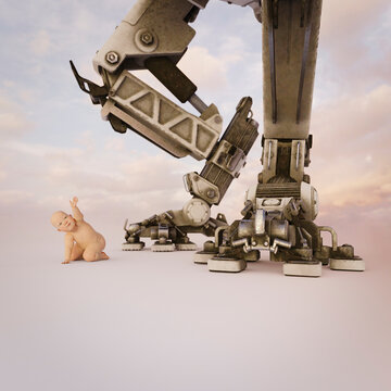 Surreal baby with large robot helper