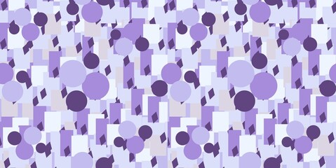 A repeating geometric pattern of shapes of different sizes, shapes and different shades of purple for textiles and paper