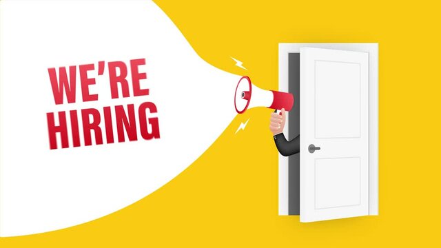 We re Hiring web banner. Megaphone With We are Hiring Speech on green background. Motion graphics.