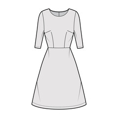 Dress A-line technical fashion illustration with elbow sleeves, fitted body, natural waistline, knee length skirt. Flat apparel front, grey color style. Women, men unisex CAD mockup