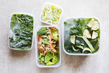 Leftover vegetables, scraps, veg peels and herbs frozen