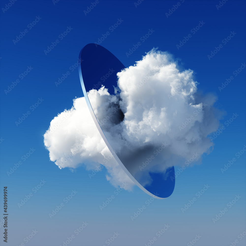 Sticker 3d render, abstract background with white cloud going through the round mirror