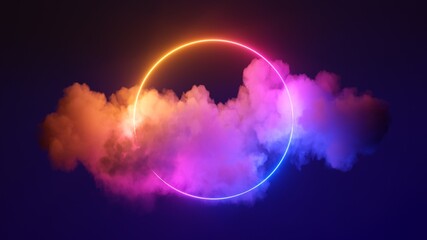 3d render, abstract cloud illuminated with neon light ring on dark night sky. Glowing geometric shape, round frame - obrazy, fototapety, plakaty