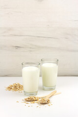 Oat milk in glasses and ingredients with copy space