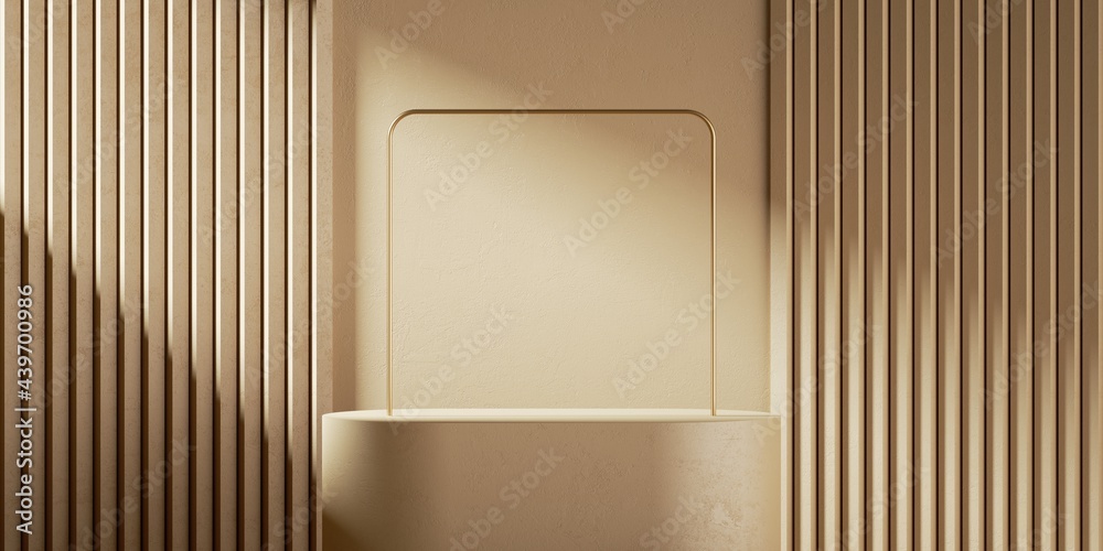 Wall mural 3d render. abstract beige background with sunlight on the wall, square frame and empty podium. moder