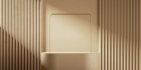 3d render. Abstract beige background with sunlight on the wall, square frame and empty podium....