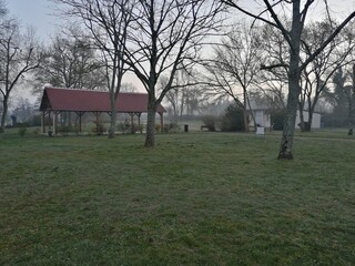 Lieu public en hiver avec des arbres ayant perdu leurs feuilles