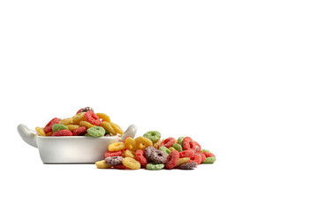 multicolored ring shaped cereals on white background