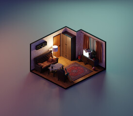 3d interior of retro styled room
