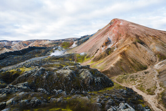 Drone / Aerial footage of Iceland's texture and colorful landscape in Landmannalaugar Iceland