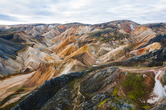 Drone / Aerial footage of Iceland's texture and colorful landscape in Landmannalaugar Iceland