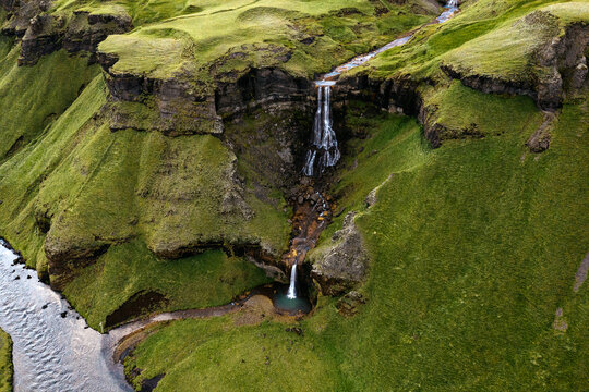 Drone / Aerial view of a waterfall in Iceland