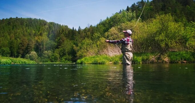 Fly fishing. Angler stands in the river and casts the fly. Fisherman fishing on fly on the calm river at daytime and casting the line