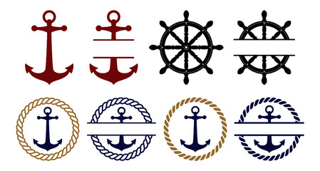 Nautical Vector Bundle Anchor Ship Wheel Helm Sailing Boat Anchor Rope Monogram