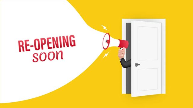 Hand Holding Megaphone with Re opening. Web design. Motion graphics.