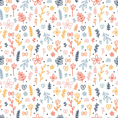 Hand drawn floral seamless pattern. Cute background with colored flowers and leaves. Simple graphic design. Scandinavian style