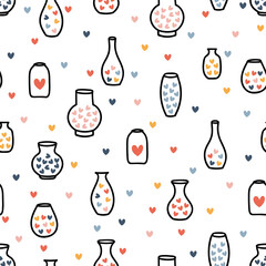 Hand drawn seamless pattern with vases and hearts. Scandinavian design. Sketch style. Bottles, pots