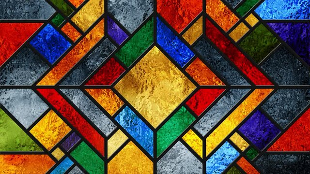 Animated colorful modern looping stained glass window. Art Deco. Sketch. Multicolor light. Animation footage. Modern classic stained glass. Colored glass texture. Rays. Architecture. Motion of light.
