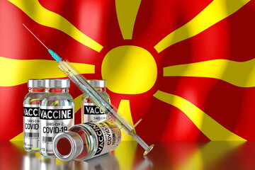 Covid-19, SARS-CoV-2, coronavirus vaccination programme in Macedonia, four vials and syringe - 3D illustration