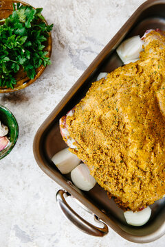 Shoulder of lamb with shawarma paste.