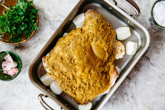 Shoulder of lamb with shawarma paste.