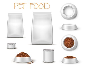 Packaging and feed bowl, pet food realistic plates and packings 3d mockup front and top view isolated on white background. Blank bags, tin cans and crockery for cats and dogs, zoo shop animal items
