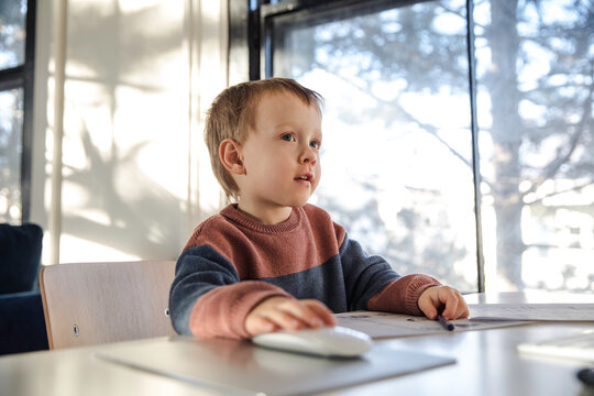 Little boy using desktop computer at home
