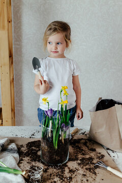 Little gardener near pot with spring flowers