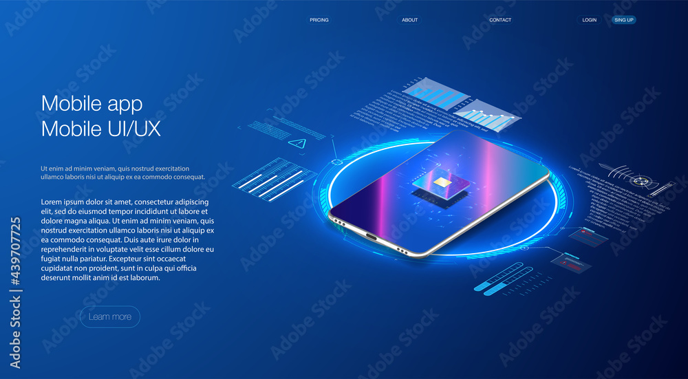 Poster futuristic microchip processor with backlight on the phone in blue. quantum phone processor the iso 