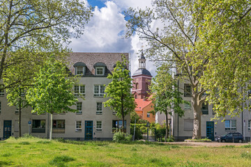 View from the river Havel promenade Lindenufer at the Saint Nicholas Church in Berlin, Germany