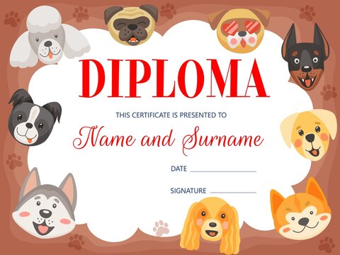 Kids Diploma With Funny Dogs And Puppies, Vector Certificate. Education Award Frame For Kindergarten Graduation Or School Achievement With Cartoon Pets Puddle, Husky, Pug And Doberman With Akita Inu