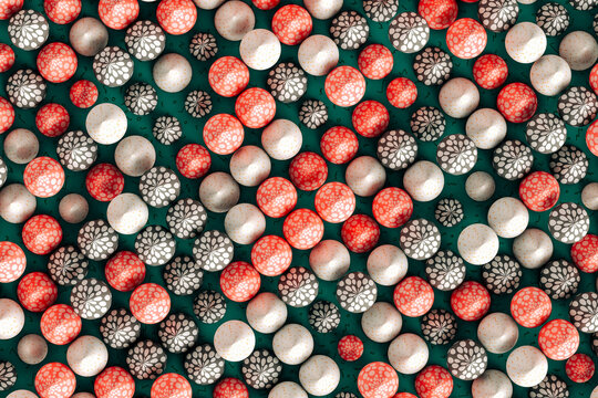 colorful spheres and cones on green background - 3D render