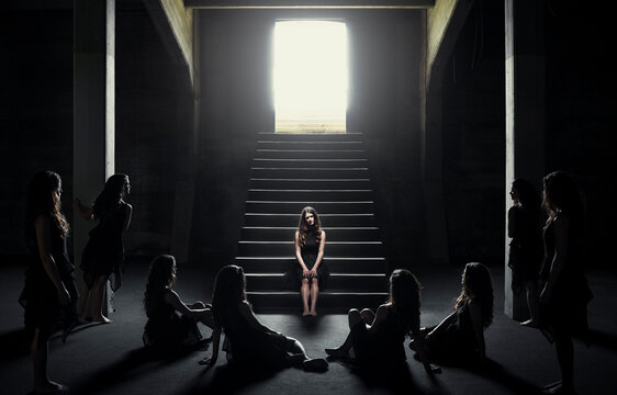 Multiplied women on the stairs