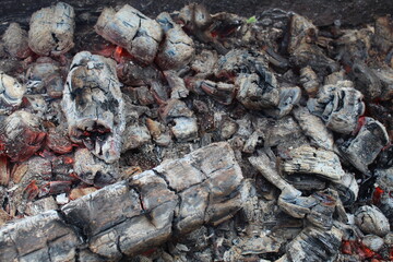 background and ash charcoal gray blacks with red stained streaks close-up. The aftermath of the fire. Ashes. bonfire