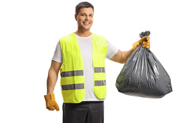 Man in a vest holding a black plastic bin bag - obrazy, fototapety, plakaty