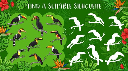 Cartoon toucan birds, vector kids game find toucan silhouette. Education puzzle, memory game, matching riddle or attention test with exotic tropical toucanet or toco, jungle and palm leaves bakground