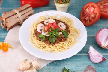 fresh fettuccine with bolognese sauce and guacamole