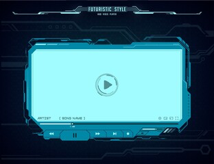 HUD video player futuristic screen interface. Vector neon glowing Ui, ux hi-tech skin web design for online movie multimedia content. Digital ski-fi template with play button, menu bar and slider