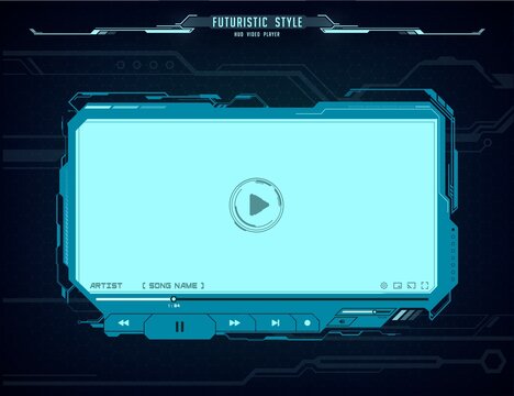 HUD Video Player Futuristic Screen Interface. Vector Neon Glowing Ui, Ux Hi-tech Skin Web Design For Online Movie Multimedia Content. Digital Ski-fi Template With Play Button, Menu Bar And Slider